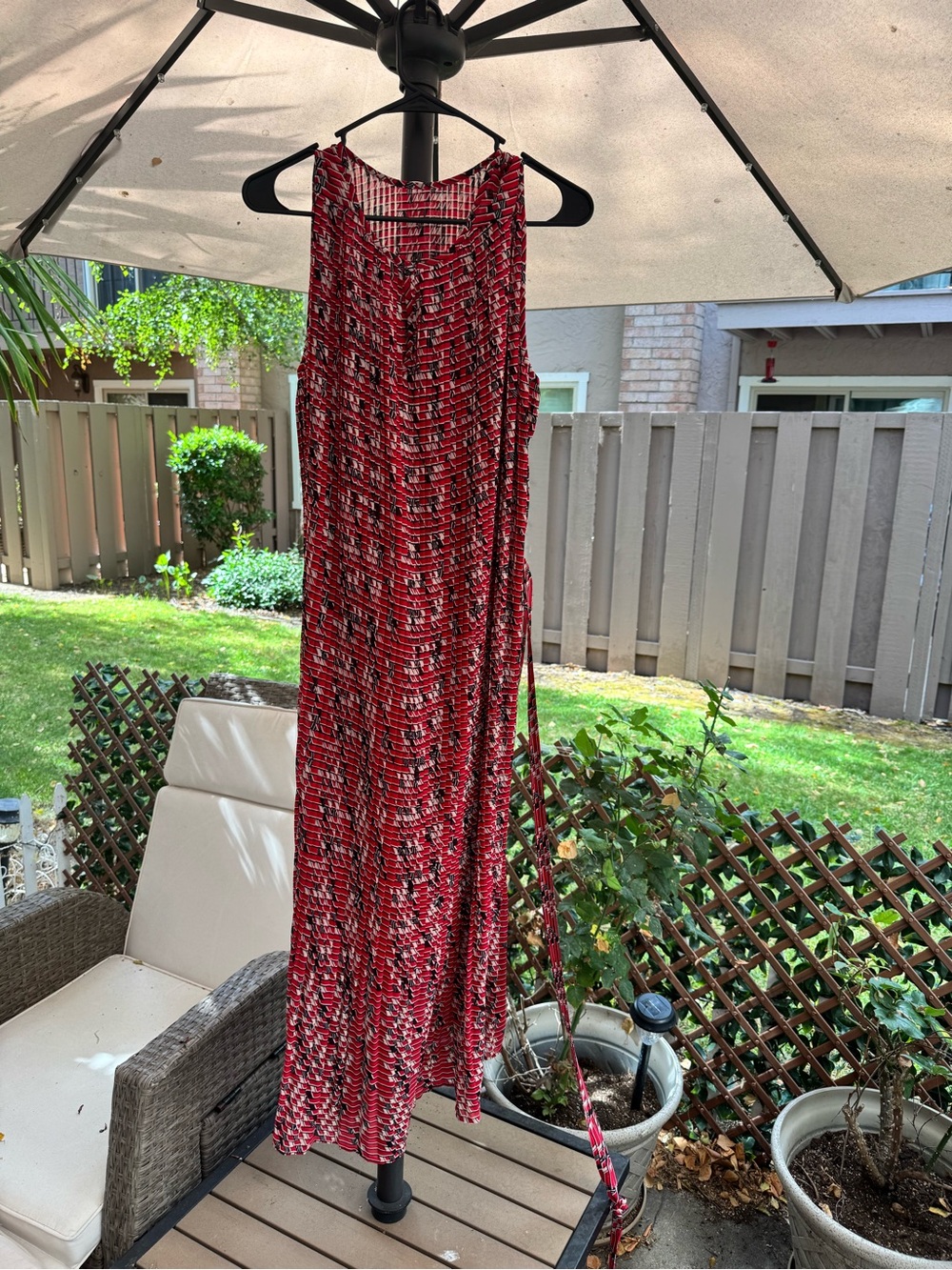 Banana Republic Red Plissé Geometric Pleated Tie-Waist Midi Dress Small